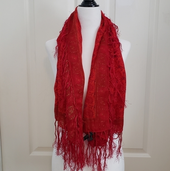 Ralph Lauren Fringed Scarf Red Gold - Picture 6 of 7